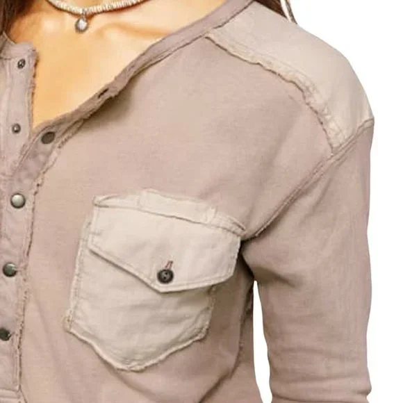 Free People Gene Henley REISHI Purple Snap Button Shirt Size Large - Picture 5 of 5